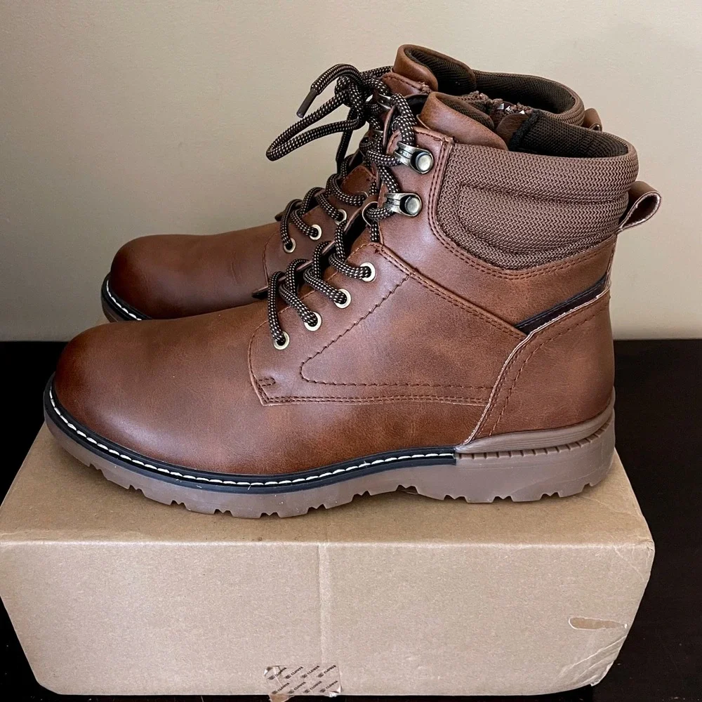 Clowse Mens Cognac Brown Faux Leather Side Zip Lace Up Combat Ankle Boots 8